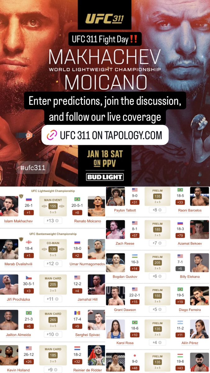 RushtonCoverage's tweet image. UFC 311 Fight Day‼️

@Tapology coverage going live @ 6 p.m. ET / 3 p.m. PT 👊

Make predictions, follow the action, and join the discussion ⬇️

🔗 tapology.com/fightcenter/ev…