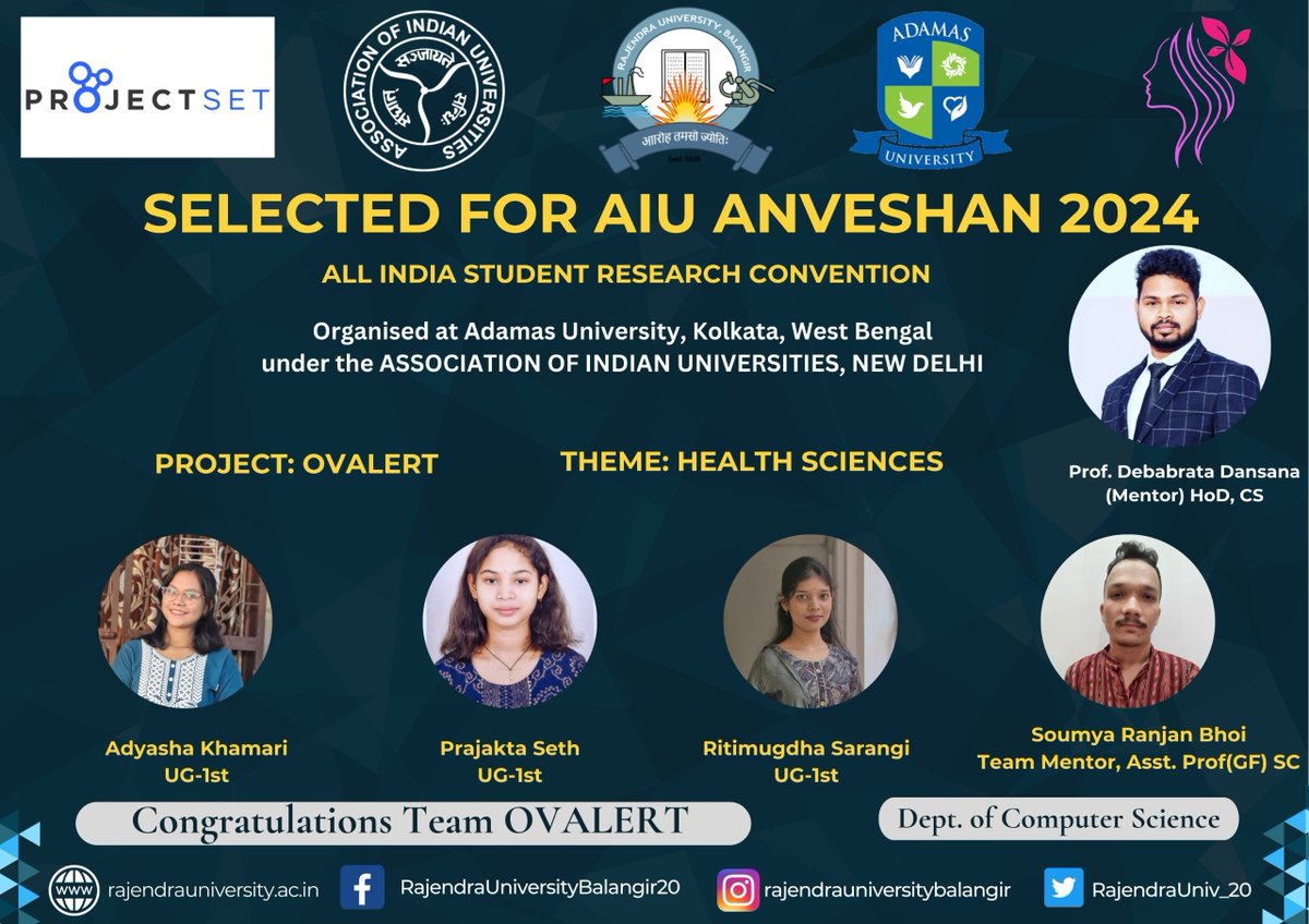 📷 Proud Moment for Rajendra University, Balangir! 📷
3 teams from the Department of Computer Science, Rajendra University, Balangir , have been selected to participate in the prestigious AIU ANVESHAN 2024—All India Student Research Convention, organized by Adamas University,WB