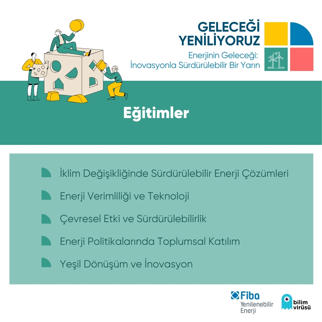 🌟Enerjinin Geleceği: İnovasyonla Sürdürülebilir Bir Yarın 🌟
Bilim Virüsü &amp; Fiba Yenilenebilir Enerji iş birliğiyle “Geleceği Yeniliyoruz” programı başlıyor!
☀ Yenilenebilir enerji, 
🌿 ekosistem etkileri, 
📝 sürdürülebilir politikalar ve 
♻ yeşil teknolojiler üzerine.