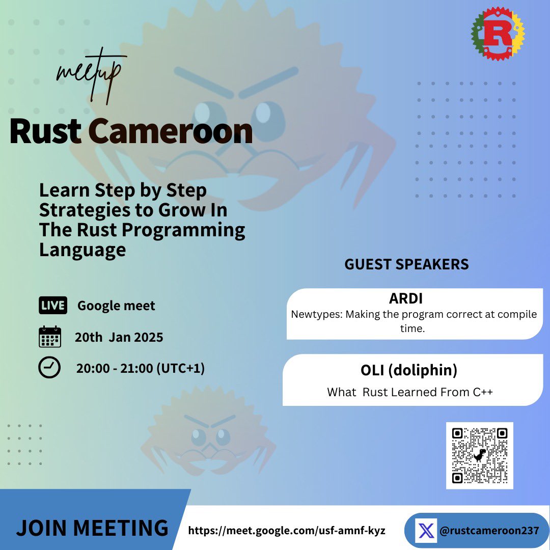 rustcameroon237's tweet image. Rust Cameroon will be holding its first virtual meetup 🥳🥳. See you all on Monday 🤗
@rust_africa @rustlang @rust_foundation @RustLondon_ @RustDiscussions @RustNationUK