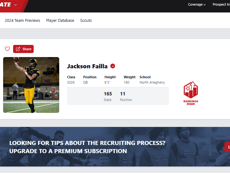 VicCastilloPRZ (@przpavic) on Twitter photo In six days...
The PRZ PA StockUp Showcase will host North Allegheny junior quarterback Jackson Failla (<a href="/jacksonfailla/">Jackson Failla</a>)
You can take a look at his ranking to the right. 6'3, 180 pounds. 4.33 GPA. Excited to have him in the building. In six days...
The PRZ PA StockUp Showcase will host North Allegheny junior quarterback Jackson Failla (<a href="/jacksonfailla/">Jackson Failla</a>)
You can take a look at his ranking to the right. 6'3, 180 pounds. 4.33 GPA. Excited to have him in the building.