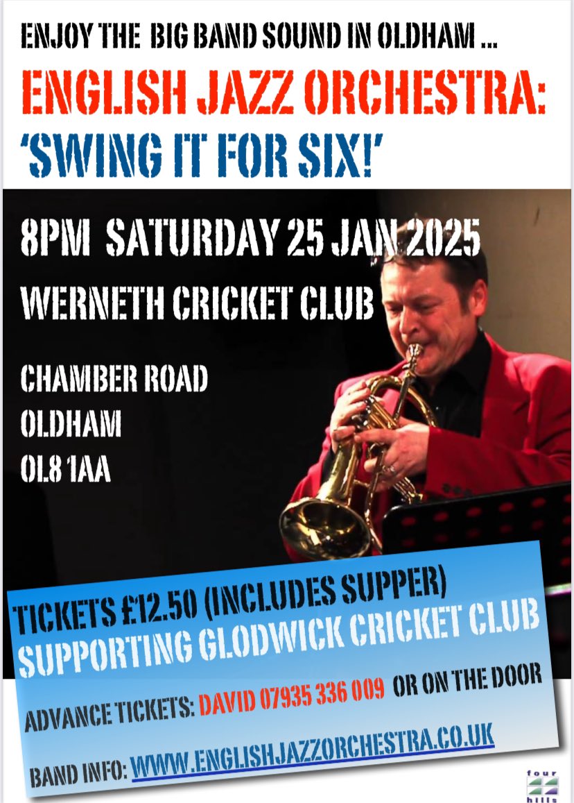 English Jazz Orchestra is set to play a blinder of a show at Werneth Cricket Club, next Saturday, 25 January 2025

Do join us for a wonderful evening of big band swing, supper, drinks and terrific company!

#oldham