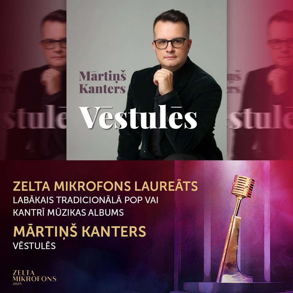 Kategorijā “Labākais tradicionālā pop vai kantrī mūzikas albums” Zelta mikrofonu iegūst Mārtiņš Kanters ar albumu “Vēstulēs”! 🎙️