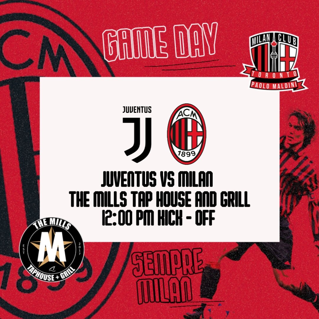 It's Game Day!!!! 
1️⃣2️⃣:0️⃣0️⃣PM Kick Off!
@ The Mills Tap House 
🔴⚫🔴⚫🔴⚫🔴⚫🔴⚫🔴⚫🔴⚫
Let's Gooooo!!! <a href="/acmilan/">AC Milan</a>
See you #Rossoneri there!!!

#JuveMilan #ForzaMilan
#SempreMilan #ACMilan #SerieA
