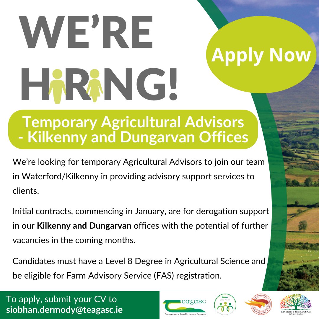 Teagasc (@teagasc) on Twitter photo We are hiring Temporary Agricultural Development Advisors to join our Waterford / Kilkenny Advisory Region. Our initial vacancies will be in our Kilkenny & Dungarvan offices. If you are interested, Apply Today - Please submit your detailed CV to siobhan.dermody@teagasc.ie We are hiring Temporary Agricultural Development Advisors to join our Waterford / Kilkenny Advisory Region. Our initial vacancies will be in our Kilkenny & Dungarvan offices. If you are interested, Apply Today - Please submit your detailed CV to siobhan.dermody@teagasc.ie