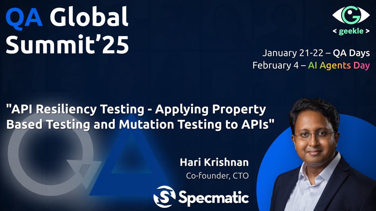 Excited to be speaking at the QA Global Summit’25 hosted by <a href="/GeekleOfficial/">Geekle.us 🌎</a> about 
 “API Resiliency Testing: Applying Property-Based &amp; Mutation Testing”

📍 Details: geekle.us/schedule/qa25?…
💻 Use code QASPEAKER for 20% off!

#QAGlobalSummit25 #QA #API #APITesting #OpenAPI