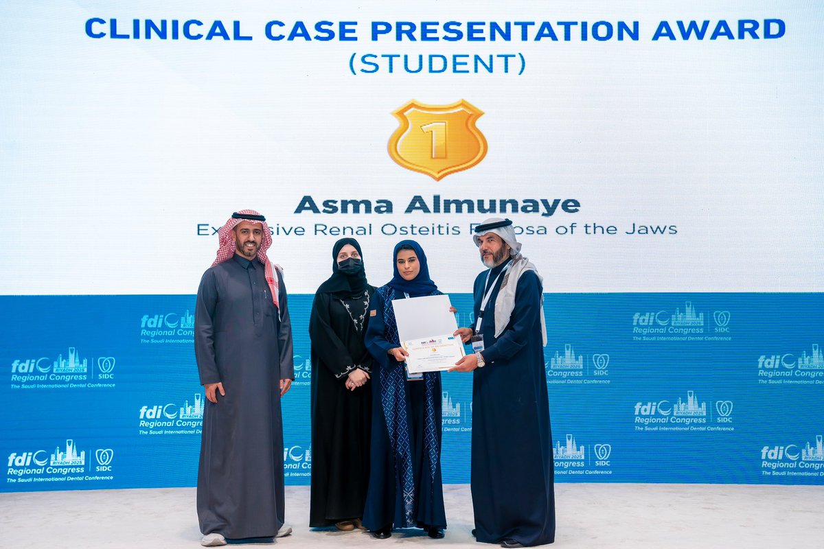 DentalSaudi's tweet photo. FDI Regional Congress-SIDC 2025

 🎊Research Awards Winners
Clinical Case Presentation Award (student )

🥇 Dr.Asma Almunaya

#SIDC2025
#سيدك https://t.co/59Te4olGXd