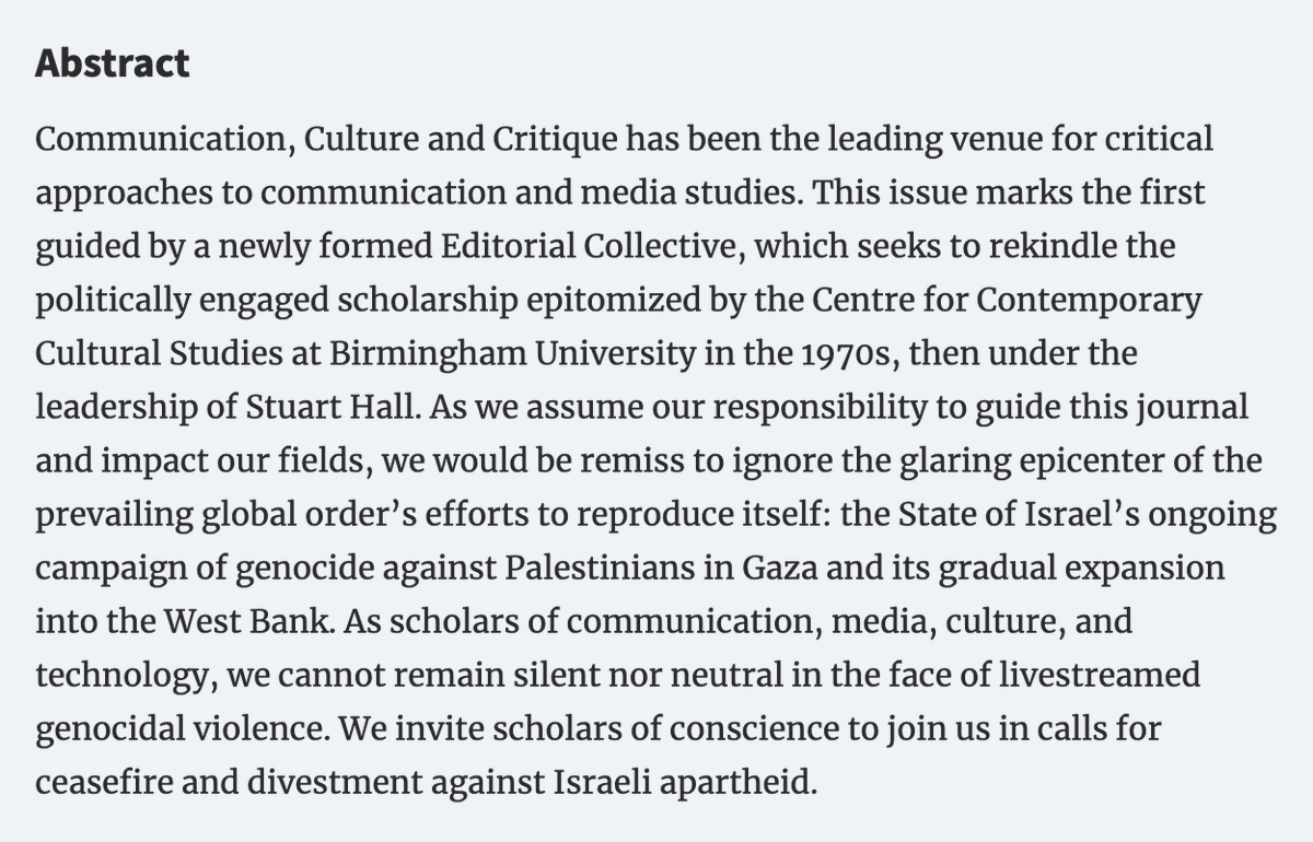 ajbauer's tweet photo. Proud to announce I've joined the newly formed editorial collective of Communication, Culture &amp; Critique. We stand in solidarity with the Palestinian people and call on our colleagues to stand against Israeli apartheid and the effects of genocide in Gaza.

https://t.co/8asclqXXLv https://t.co/TwoIHp8He6