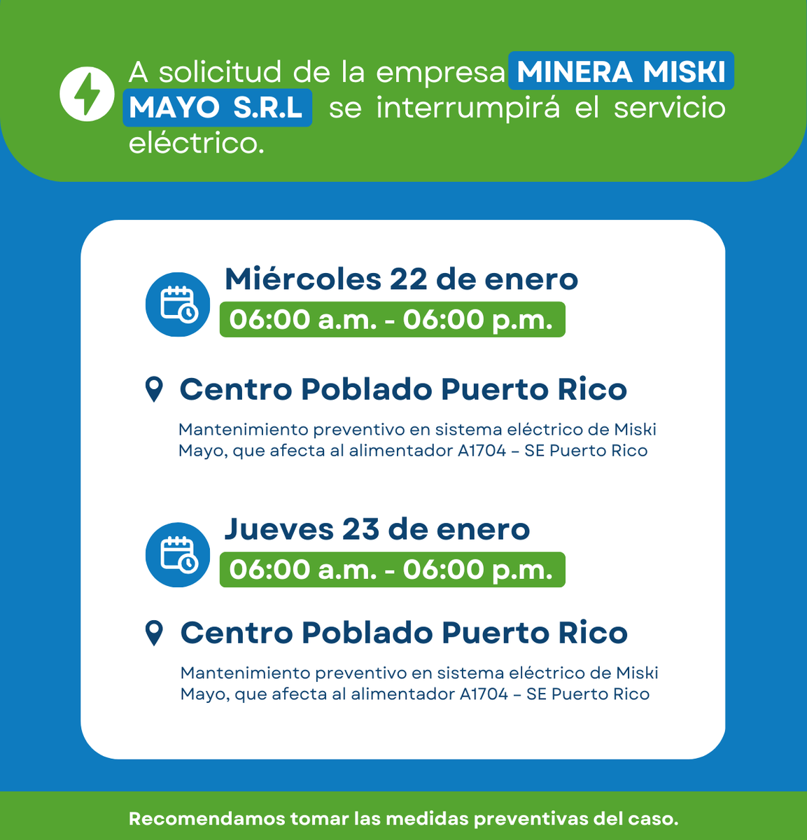 EnosaOficial's tweet photo. ⚠️¡Atención!

🔧¿Sabías que los #CORTES #PROGRAMADOS permiten la continuidad del servicio eléctrico?⚡

#MantenimientoProgramado #EstamosContigo #Enosa https://t.co/VNBU6rqYla