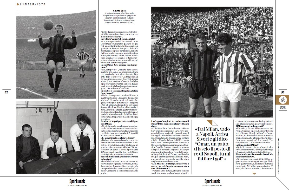 InTheSoccerTime's tweet photo. José Altafini 🇧🇷🇮🇹, il fuoriclasse che vestì le maglie di Milan e Juve (4 scudetti e la Coppa dei Campioni con Rocco). Nel mezzo, Napoli. "Arriva Sivori e gli dico 'Omar, un patto: ti lascio il posto di re di Napoli, tu mi fai fare i gol'" | via @SW_SportWeek https://t.co/p9Ui3IHCAG