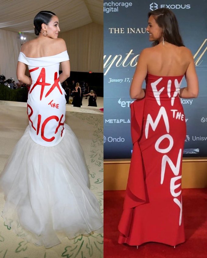 natbrunell's tweet image. You helped inspire my dress @AOC, hope we can talk about Bitcoin soon 🧡