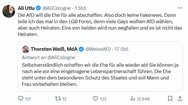 KreuzAcht's tweet photo. Die AfD will die Ehe für alle abschaffen.

Da ist gerade jemandem ein Kronleuchter aufgegangen.
Aber besser spät als nie! https://t.co/wu7mIZfwSI