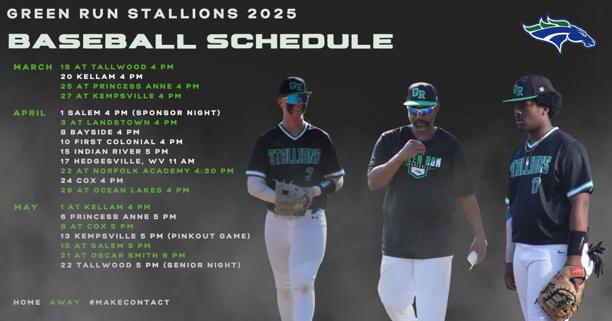 GRStallionsBB's tweet photo. 🚨Green Run Stallions 2025 Baseball Schedule🚨#makecontact #baseball https://t.co/Nhg636L6B0