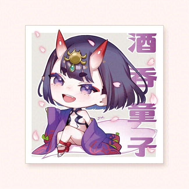 新刊セットを優先購入いただいた方にお付けするステッカーの酒呑ちゃん。ある程度数刷ってるので、完成の仕上がりよかったらBOOTHにも下ろすかも 