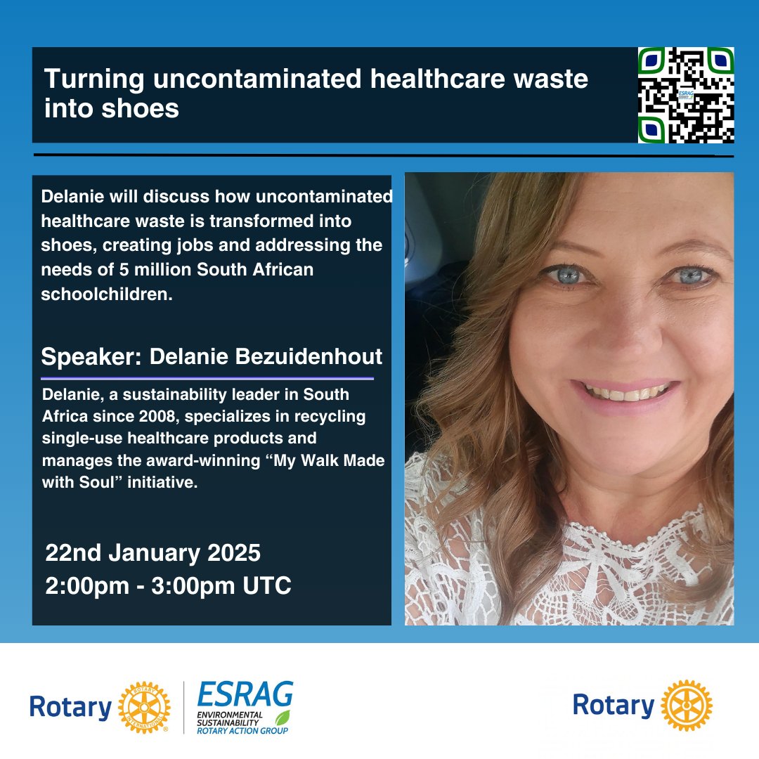 If you would like to know more about how Delanie turned healthcare waste into shoes, please join us this upcoming Wednesday at 14:00 (2:00 PM) UTC.

Register here: ow.ly/gEJt50UIR4U

How do you tackle #Pollution in your club? 👇

 #ESRAGSeminarSeries