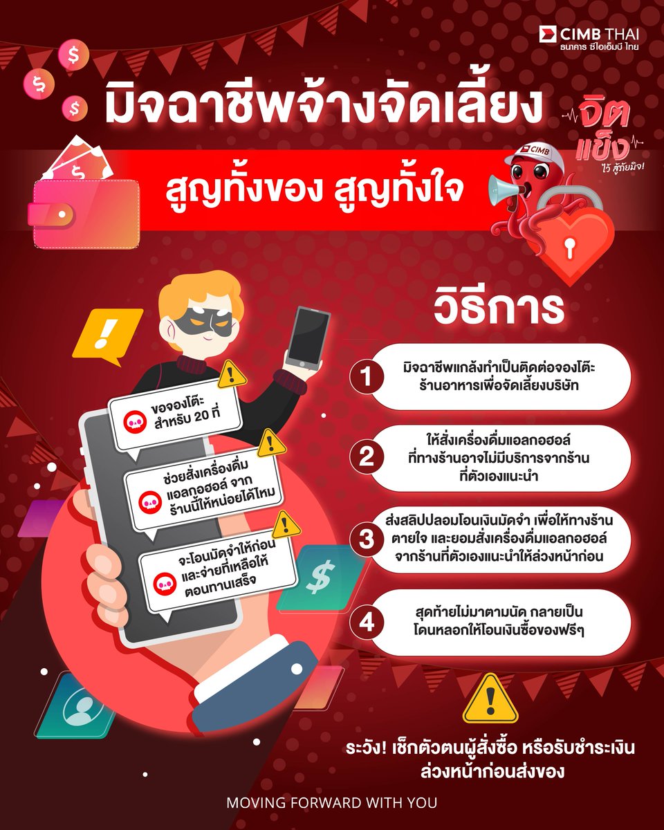 🎭 มิจฉาชีพในคราบลูกค้า ระวังให้ดีนะ!

แผนร้ายมาแบบแนบเนียนสุด ๆ ทำทีเป็นลูกค้าติดต่อจ้างงานอย่างจริงใจ นัดแนะรายละเอียดแบบเป๊ะ ๆ แต่แท้จริงกลับมีจุดประสงค์ไม่บริสุทธิ์! 😰

📌 วิธีการที่เจอบ่อย
1️⃣ มิจฉาชีพปลอมตัวเป็นลูกค้าผ่านแชทหรือโทรศัพท์ ดูจริงใจสุด ๆ
2️⃣ หลอกให้ร้านค้าส่งอาหาร ของขวัญ หรืออุปกรณ์ปาร์ตี้ไปยังสถานที่นัดหมาย
3️⃣ สุดท้าย งานเลี้ยงไม่มีจริง แถมโดนขโมยของไปหน้าตาเฉย หรือไม่ยอมจ่ายเงิน

💡 ป้องกันตัวเองง่าย ๆ
✅ เช็กตัวตนผู้สั่งซื้อ : ขอข้อมูลที่ชัดเจน เช่น ที่อยู่ เบอร์ติดต่อ หรือโซเชียลมีเดียที่น่าเชื่อถือ
✅ รับชำระเงินล่วงหน้า : เพื่อป้องกันการเสียหาย ทั้งการหายตัวหรือไม่จ่ายเงิน
✅ ระวังพฤติกรรมแปลก ๆ : เช่น รีบเร่งให้ส่งของหรือพูดจาวกไปวนมา

💬 อย่าลืม! ทุกครั้งก่อนรับออเดอร์ ควรเช็กให้รอบคอบ เพื่อความปลอดภัยของธุรกิจเราเอง
ใครมีประสบการณ์คล้าย ๆ กัน มาแชร์กันได้เลยนะ!

#CIMBTHAIBANK #ธนาคารซีไอเอ็มบีไทย #MOVINGFORWARDWITHYOU