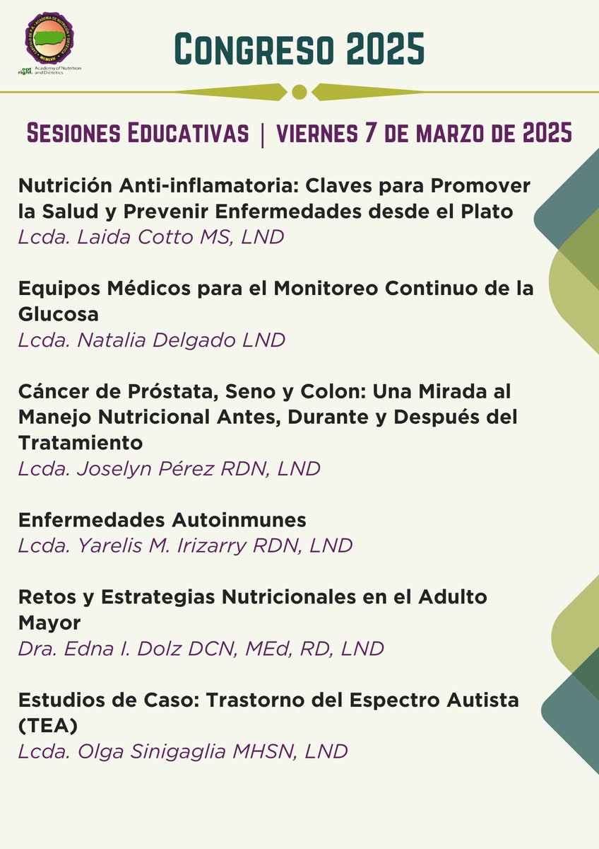 Saludos:

La Academia se complace en notificarle que nuestro Congreso Anual se celebrará el 6 y 7 de marzo de 2025 en el Colegio de Ingenieros y Agrimensores de PR

Matrícula Digital Congreso: 
docs.google.com/forms/d/e/1FAI…

¡Los esperamos!

#yosoyandpr #eatrightpro #puertorico