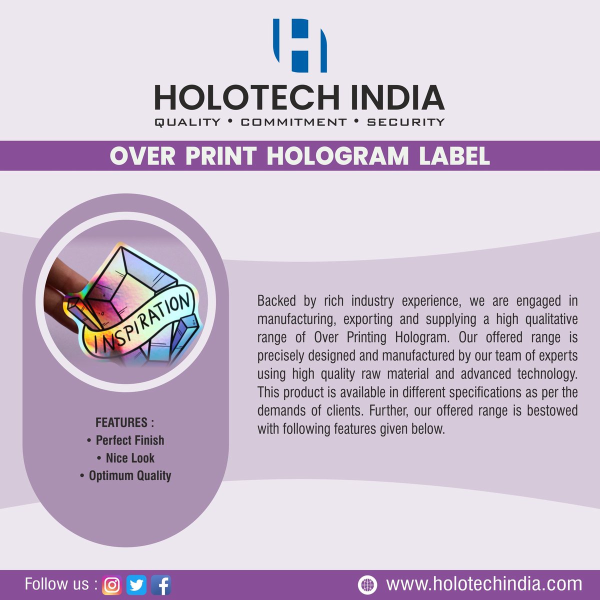 HolotechIndia's tweet image. Need Over Print Hologram Label? 
Contact us for more details. 

📧: holotechindia@gmail.com

#holotechindia #holotech #india #overprint #over #packaging #hologram #print #printing #holograms #hologramsticker #security #securitysystem #quality #label #perfectquality