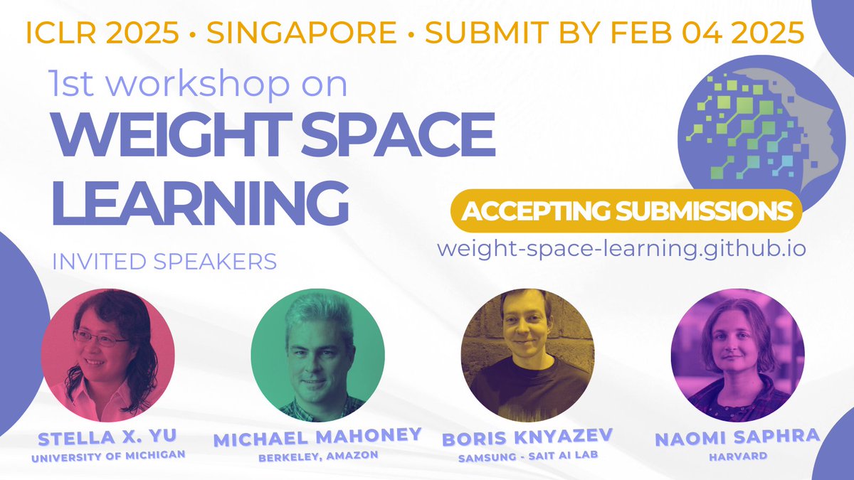 🧠 Can we train models to manipulate NN weights?

Join us at the first Weight Space Learning Workshop @ICLR_conf to explore learning directly from neural network parameters!

📝 CfP: weight-space-learning.github.io/cfp/
⏰ Deadline: Feb 4, 2025
🌐 More Info: weight-space-learning.github.io
