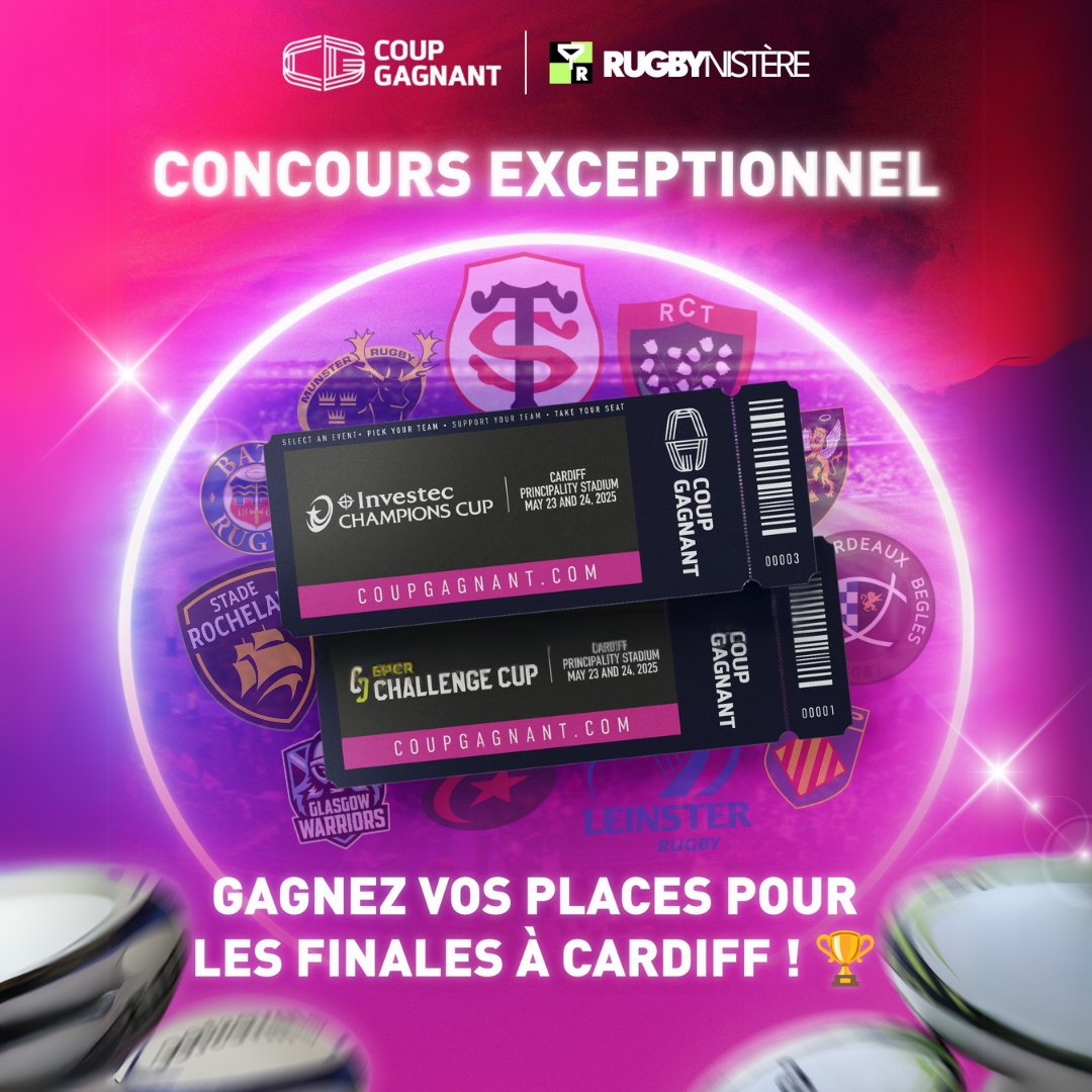 🎟️ CONCOURS EXCEPTIONNEL 🎉
Remportez x2 places pour les finales !

Prêt à vibrer au cœur des finales de la Challenge Cup et de la Champions Cup ? C’est le moment de tenter votre chance et de vivre un moment unique 🏆

Pour participer :
Suivez @coup_gagnant &amp; @lerugbynistere et