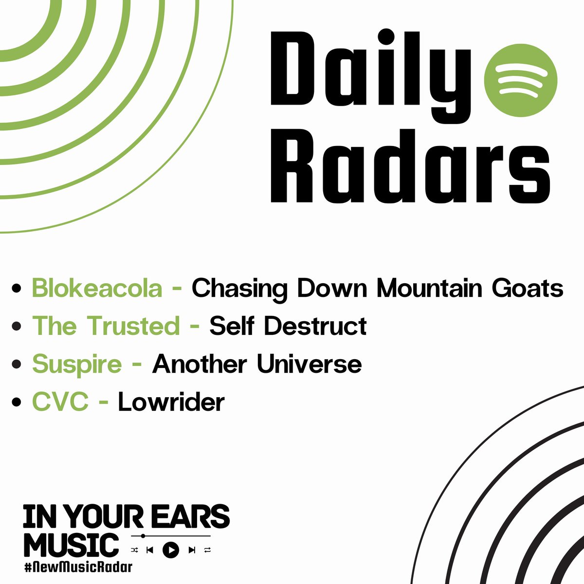 📡 In Your Ears Music 📡 (@inyourearsmusic) on Twitter photo Daily Radars 🟢
We have another 4 tunes added!
<a href="/Blokeacolazero/">Blokeacola</a>
<a href="/thetrustedband/">THE TRUSTED</a>
<a href="/suspiretheband/">Suspire</a>
<a href="/CVCband_/">CVC</a>
Give it a follow and listen below. 👇linktr.ee/dailyradars Daily Radars 🟢
We have another 4 tunes added!
<a href="/Blokeacolazero/">Blokeacola</a>
<a href="/thetrustedband/">THE TRUSTED</a>
<a href="/suspiretheband/">Suspire</a>
<a href="/CVCband_/">CVC</a>
Give it a follow and listen below. 👇linktr.ee/dailyradars