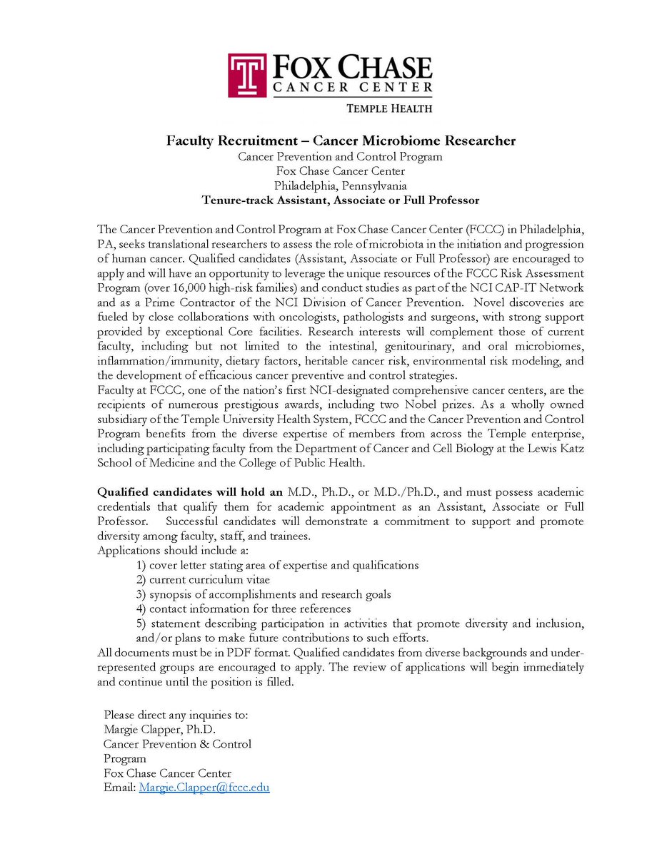 Dr. Edna Cukierman, Ph.D. (@ednacukierman) on Twitter photo Another #TenureTrack position <a href="/FoxChaseCancer/">Fox Chase Cancer Center</a>! This is for the Cancer Prevention & Control Program. My amazing colleagues are looking for a Cancer #Microbiome Researcher (Assistant or Associate Professor level).
See the ad attached and contact Margie.Clapper@fccc.edu Another #TenureTrack position <a href="/FoxChaseCancer/">Fox Chase Cancer Center</a>! This is for the Cancer Prevention & Control Program. My amazing colleagues are looking for a Cancer #Microbiome Researcher (Assistant or Associate Professor level).
See the ad attached and contact Margie.Clapper@fccc.edu