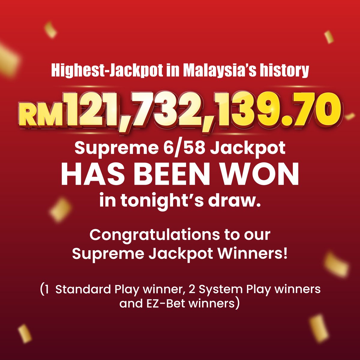 datukhensem's tweet photo. Jackpot tertinggi di Malaysia sebanyak RM121.7 juta sudah ada pemenang!  

Tahniah! https://t.co/ABkaNrPr3T