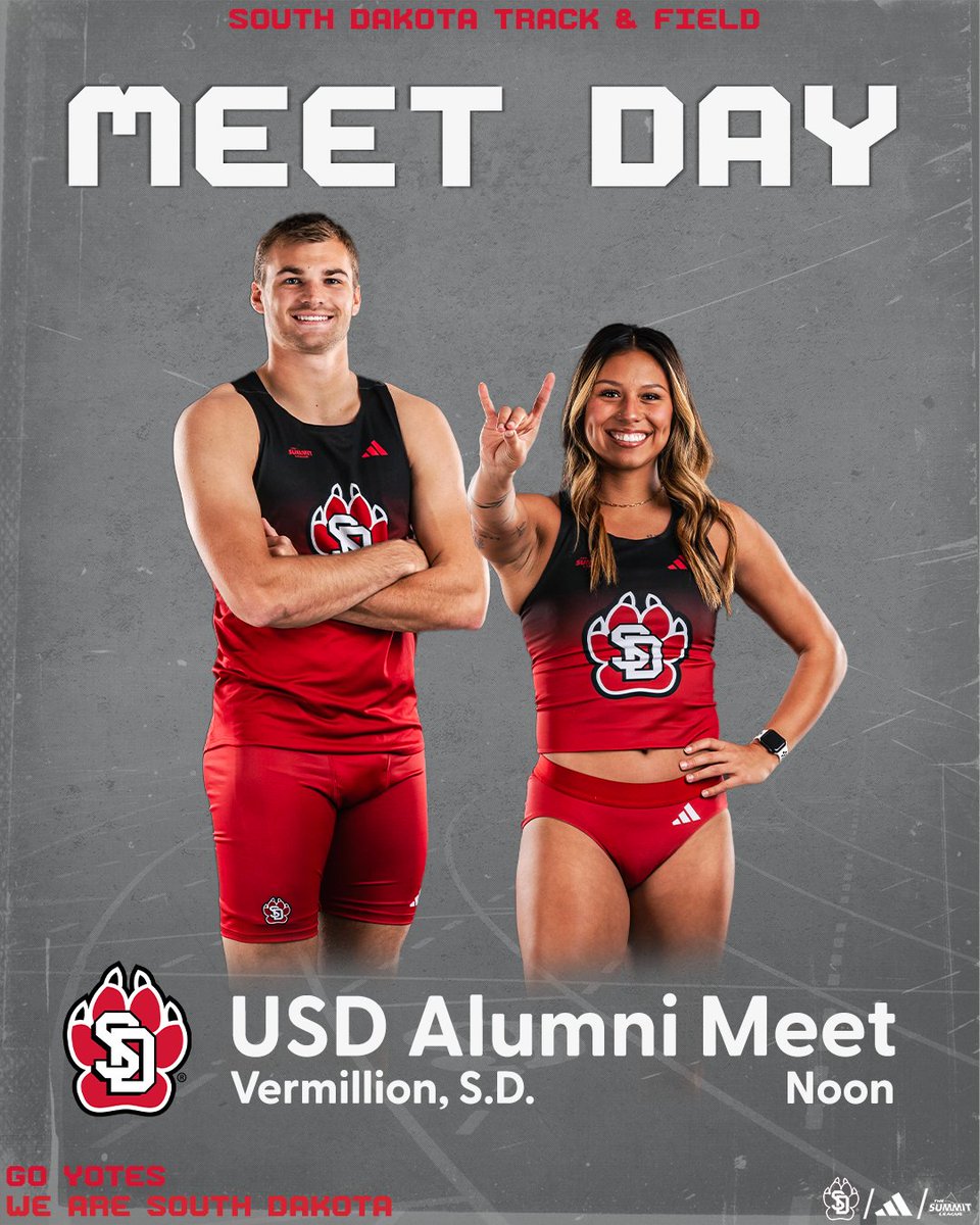 Competing at home today! 🏠

🆚- USD Alumni Meet
📍- Vermillion, S.D. (Mildred J. Hillenbrand Memorial Track)
🕛- Noon
🖥️- yote.us/3PDFrsz
📊- yote.us/4aoSPKD

#GoYotes x #WeAreSouthDakota