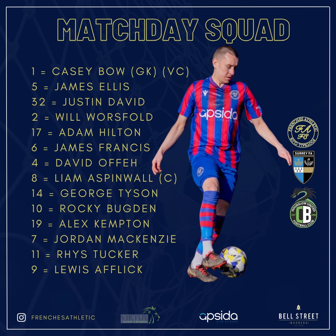 🟦 TEAM NEWS 🟥

Teams news is in ahead of today’s clash with CB Hounslow. 

🪨 J.Ellis partners J.David at the back 
🐂 G.Tyson returns in the middle 
⚡️ J.Mackenzie &amp; A.Kempton start on the wing 

✅ J.Mackenzie gets his 2nd call up from the Reserves and comes into the XI.