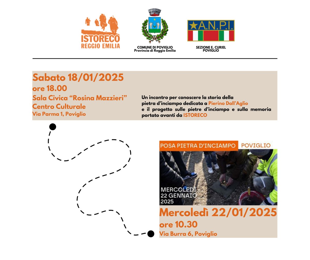 Oggi pomeriggio la nostra Elisabetta Del Monte sarà a Poviglio, alle 18 alla sala civica “Rosina Mazzieri” del Centro Culturale di via Parma 1, per parlare della storia della pietra d’inciampo dedicata a Pierino Dall’Aglio.

#stolpersteine