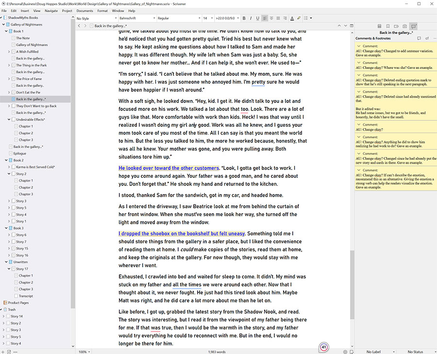 Do you know what this is?  It's Scrivener. Rewriting the final portions of the book Gallery of Nightmares Book 1, based on the feedback from my editor.  Almost done.

#fantasywriting #shortstory #creepy #darkfantasy #grimdark #scrivener