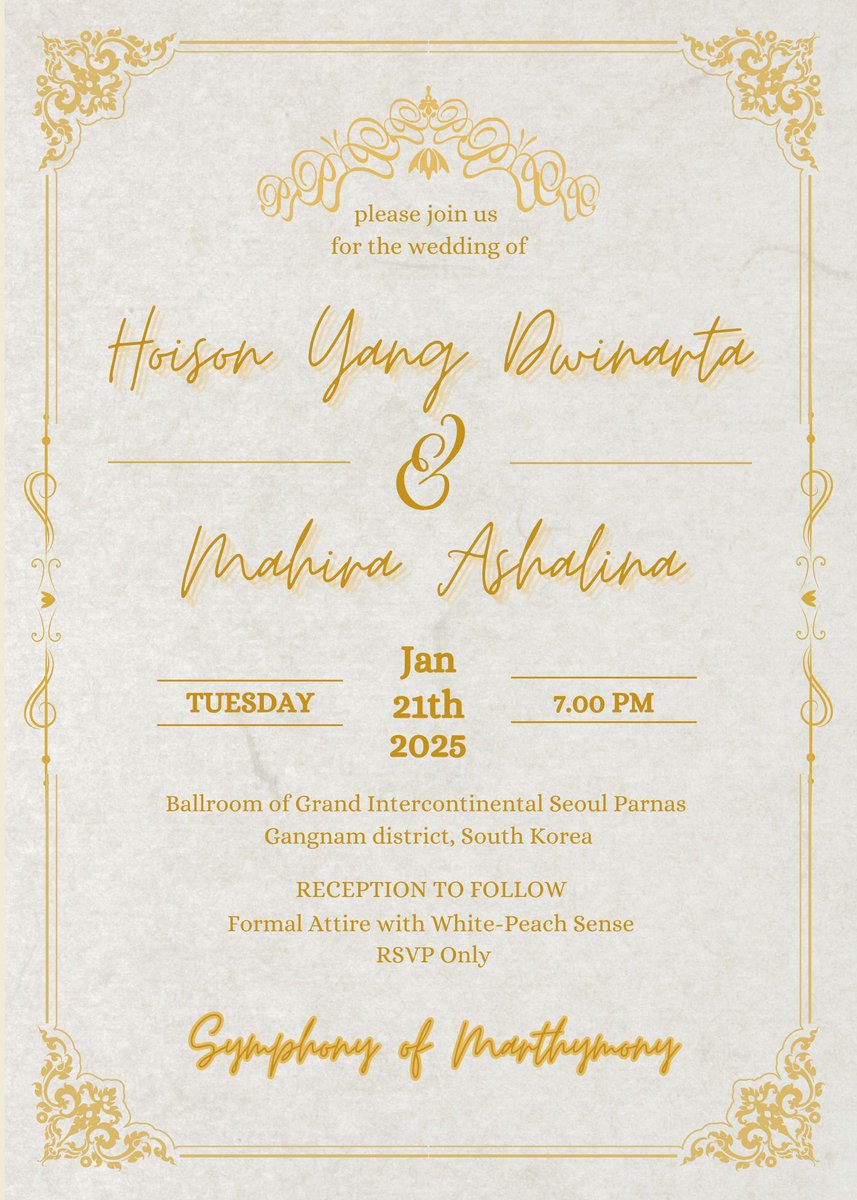 ㅤ
ㅤ𝓣𝓱𝓮 𝓔𝓷𝓭 𝓸𝓯 𝓔𝓽𝓮𝓻𝓷𝓲𝓽𝔂
ㅤ𝐒𝐀𝐕𝐄 𝐓𝐇𝐄 𝐃𝐀𝐓𝐄
ㅤWe invite you to celebrate our wedding day. 
ㅤ❛❛ <a href="/hongseofk/">‏ً</a> &amp; @ivewoncy ❞
ㅤ🗓 January 21th, 2025
ㅤ📍Grand Intercontinental Seoul, South Korea•
ㅤㅤ ACARAMOEHALL

ㅤ #HoisiraEternity
ㅤ
