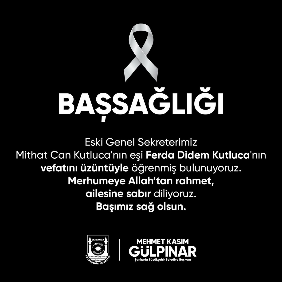 Eski Genel Sekreterimiz Mithat Can Kutluca'nın eşi Ferda Didem Kutluca'nın vefatını üzüntüyle öğrenmiş bulunuyoruz. Merhumeye Allah’tan rahmet, ailesine sabır diliyoruz. Başımız sağ olsun.