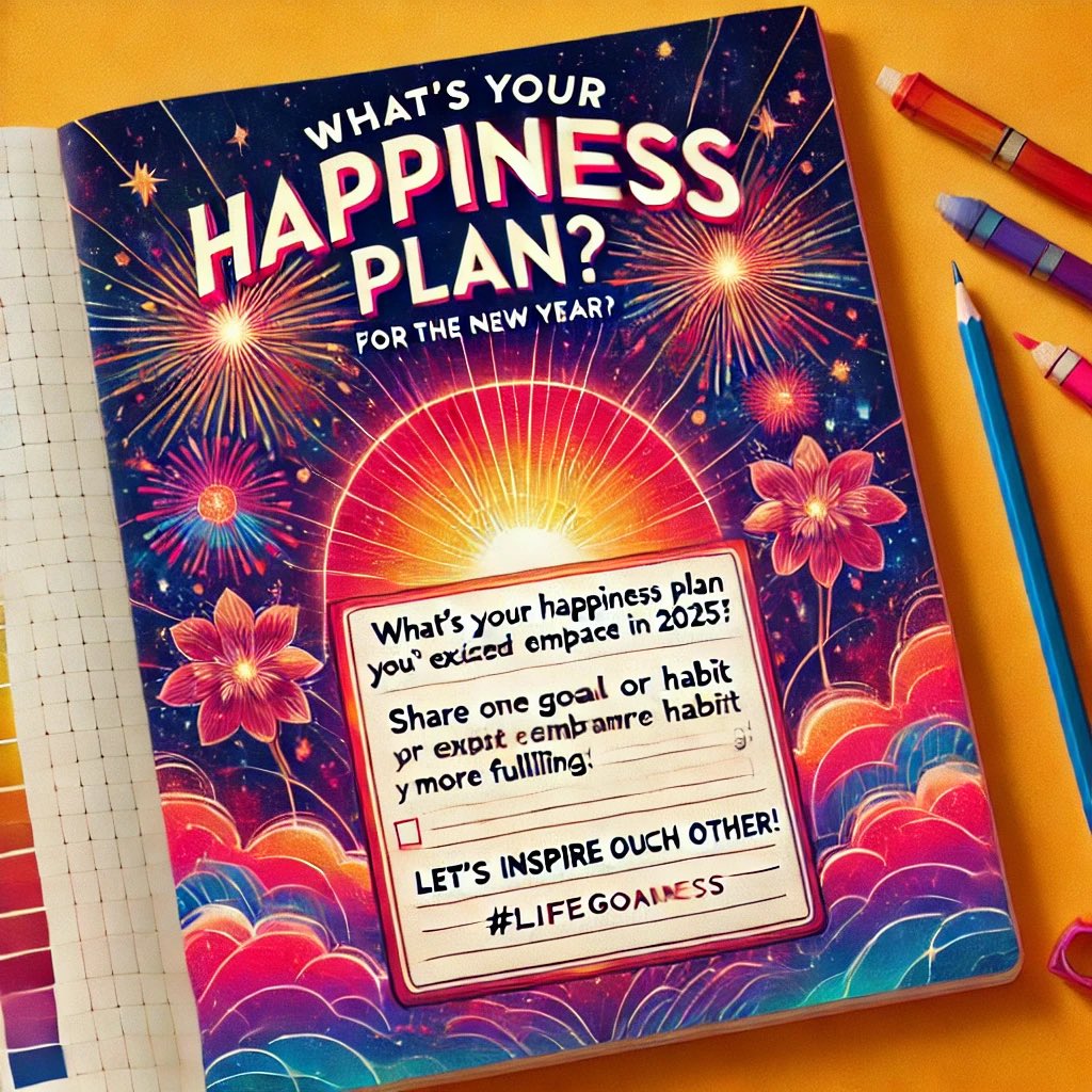 “What’s your happiness plan for the New Year? 🎉💭
Share one goal or habit you’re excited to embrace in 2025 to make life more fulfilling. Let’s inspire each other! ✨ #NewYearHappiness #LifeGoals”