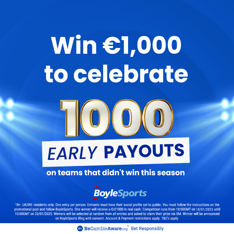 BoyleSports's tweet photo. 🔥 You could win €/£1000 as we mark BoyleSports Early Payout's landmark

To enter:
✅ Follow @BoyleSports
🔁 Retweet this post

🔞 Click below for full terms &amp; conditions