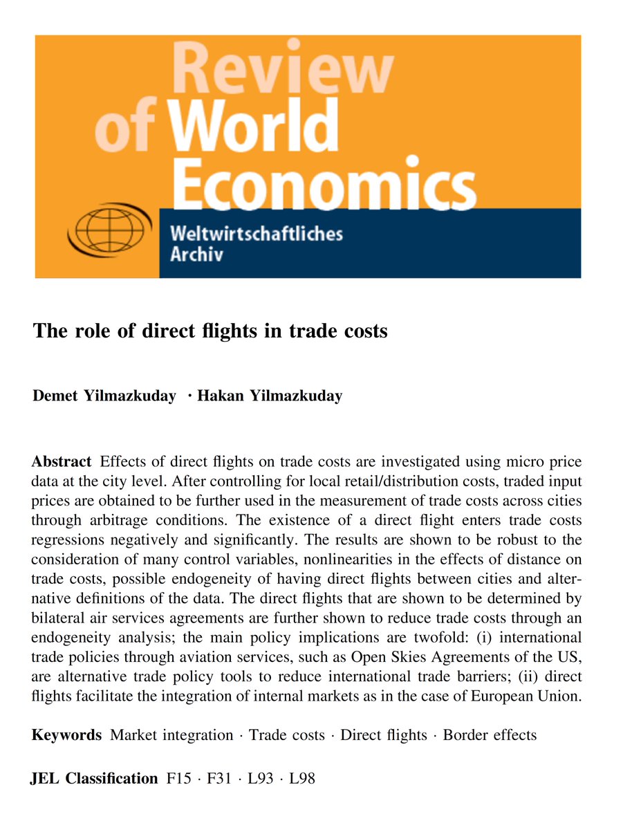 Using micro price data at the city level, this paper investigates the effects of direct flights on trade costs: doi.org/10.1007/s10290…