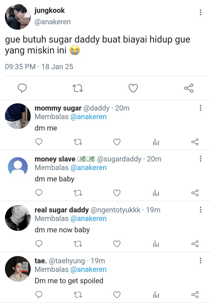 kcgnaomi's tweet photo. taekook threetweets au

— sugar daddy

Awalnya hanya bercanda namun Jungkook tidak sengaja bertemu dengan sugar daddy sungguhan. https://t.co/zYAcoTzafg