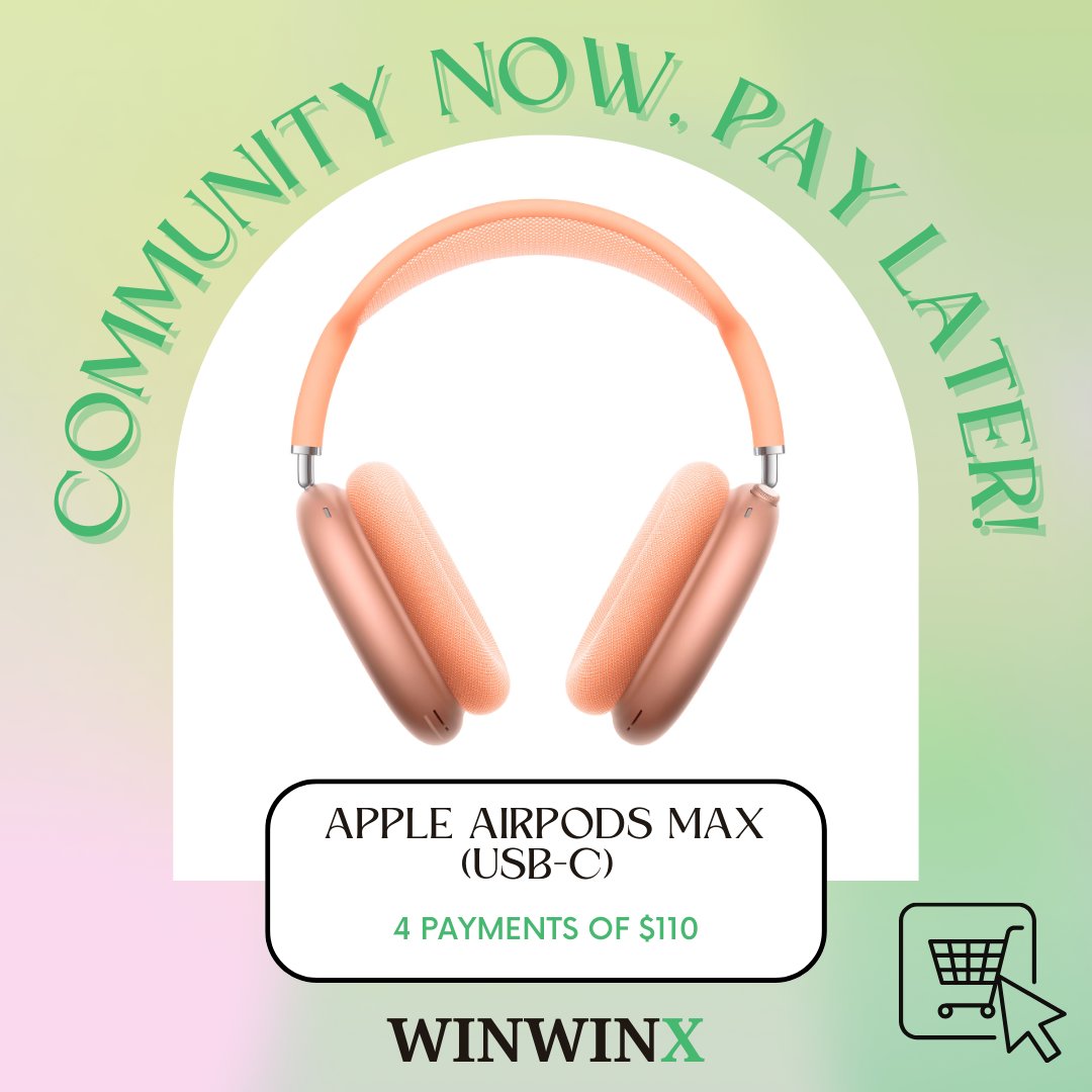 WinWinXPayments's tweet image. Elevate your sound with Apple AirPods Max on WinWinX! Enjoy music now, and pay over time with zero interest! 🎵✨ #AppleAirPodsMax #WinWinX #NoInterest #MusicLovers #HeadphoneGoals #WirelessAudio #TechDeals #FlexiblePayments #OnlineMarketplace #BNPL #BuyNowPayLater
