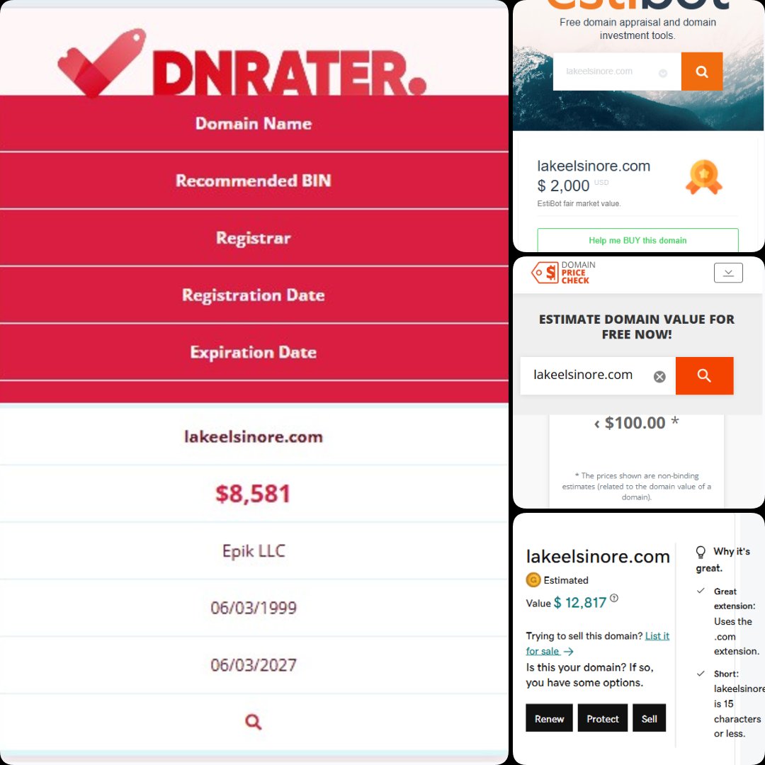 🌐 LAKEELSINORE .com

💰Sold Price : $9,000

✔️@DNRater Recommended BIN : $8,581
✔️Godaddy Estimation : $12,817
✔️Estibot Valuation : $2,000
✔️InternetX Appraisal : <$100

📌 Venue : <a href="/Sedo/">Sedo</a> 
 🗓️ 2025-01-12