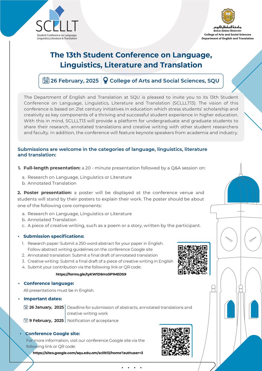 كلية الآداب والعلوم الاجتماعية (@squcass) on Twitter photo #SCLLLT
The 13th Student Conference on Language, Linguistics, Literature and Translation.
26 February, 2025
At College of Arts and Social Sciences #cass
Sultan Qaboos University
<a href="/sultanqaboosuni/">جامعة السلطان قابوس</a> #SCLLLT
The 13th Student Conference on Language, Linguistics, Literature and Translation.
26 February, 2025
At College of Arts and Social Sciences #cass
Sultan Qaboos University
<a href="/sultanqaboosuni/">جامعة السلطان قابوس</a>