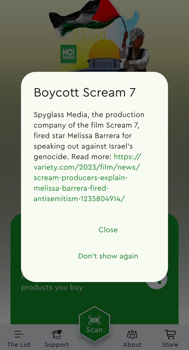 anything_scream's tweet image. The app No Thanks! is asking us to boycott Scream 7. #FreePalestine