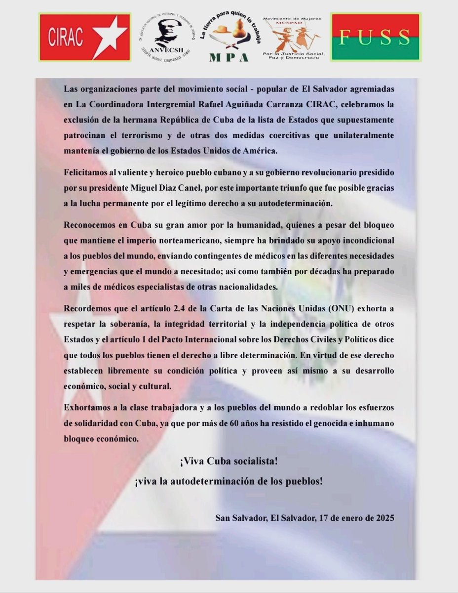 Pronunciamiento de La Coordinadora Intergremial Rafael Aguiñada Carranza <a href="/CIRACOFICIAL/">CIRAC OFICIAL</a> #ElSalvador  Ante la exclusión de la hermana republica de #Cuba de la lista de estados supuestamente patrocinadores de terrorismo <a href="/embacubasalva/">Embajada de Cuba en El Salvador</a> <a href="/PartidoPCC/">Partido Comunista de Cuba</a> <a href="/FussSv/">FUSS</a>