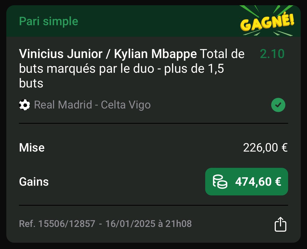 JokerTps's tweet image. MONTANTE VALIDÉ. w/@QrsBetting 🏴‍☠️

▫️STEP ONE. TC Buteurs @2,00 ✅

▫️STEP TWO. BTTS Bilbao @2,26 ✅

▫️ STEP THREE. Vini x KM +1,5 buts @2,10 ✅

▫️ STEP FOUR. BTTS Bayern @1,96 ✅

Départ : 50,00€ 
FIN : 929,04€

❤️ si t’as suivit ta collab préféré ! 

C’est que le début, de…