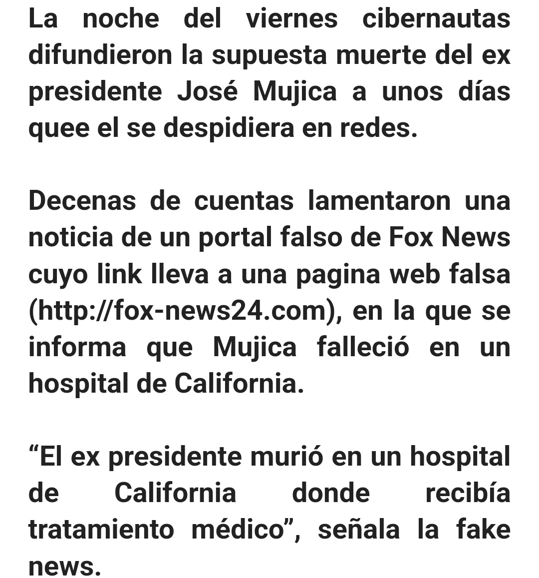Pepe Mujica no ha fallecido, como falsamente #CirculaEnRedes desde ayer. Sin embargo, la salud del expresidente de #Uruguay es delicada, tal como él mismo anunció hace unos días. Es inminente, pero ayer no fue el día.