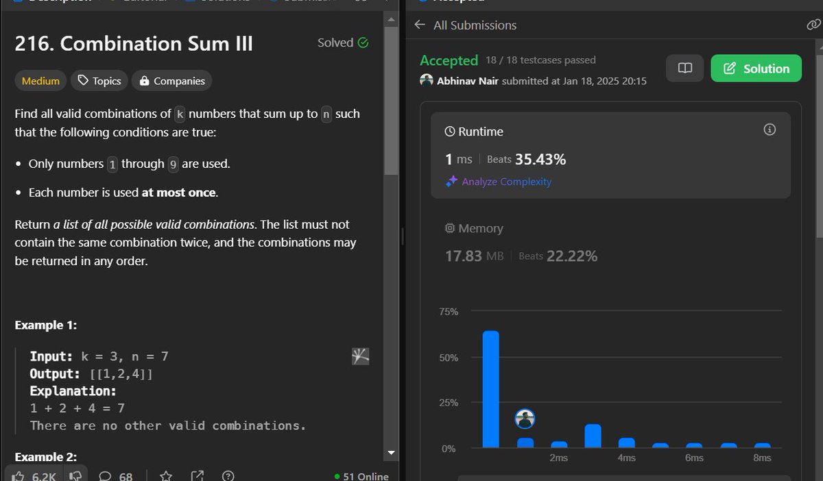 Abhinav_Nair13's tweet image. Day 85/100 of #LeetCodeChallenge!. Solved - 216. Combination Sum III