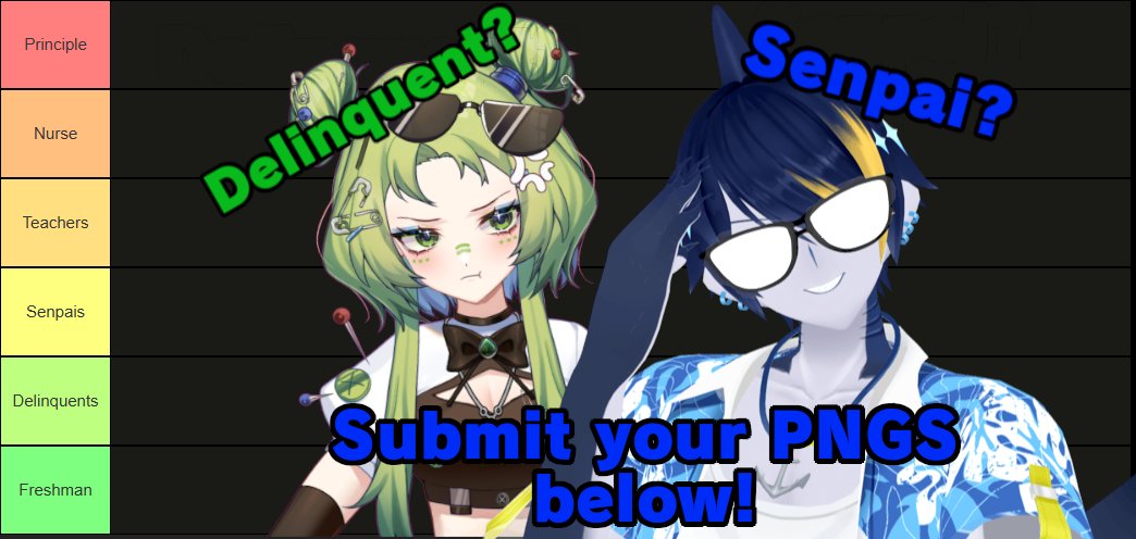 MagicNecroVT's tweet image. VTUBERS, have you ever wondered what you'd be like in an anime school setting? the teacher? the senpai or a freshman? me and @oyasumiinna will be the judges in our first SHARKOLLAB! stream will be on the 24th 
5 PM PST 8 PM EST  

Drop your PNGS below! ♡ and ↻ are appreciated