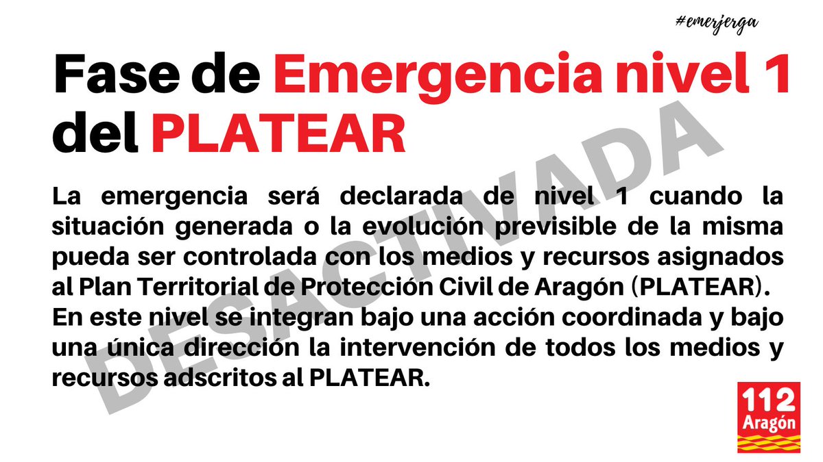 112Aragon's tweet photo. ❌ El @GobAragon ha DESACTIVADO el Plan Territorial de Protección Civil de Aragón (#PLATEAR), que se había activado en Fase de Emergencia nivel 1 por un accidente de telesilla en la estación de #Astún. https://t.co/zv7luueYFs
