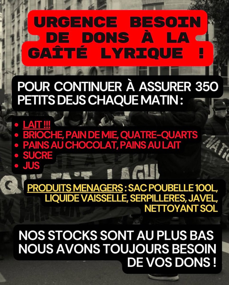 🚨DONS 

Le collectif @/bellevillemobilisation a besoin de vous ! La liste des besoins est dans la publication. Une personne heureuse, c’est déjà une victoire.

À apporter directement à la Gaîté Lyrique toute la journée : 3 bis rue Papin 75003 de 9h à 23h !