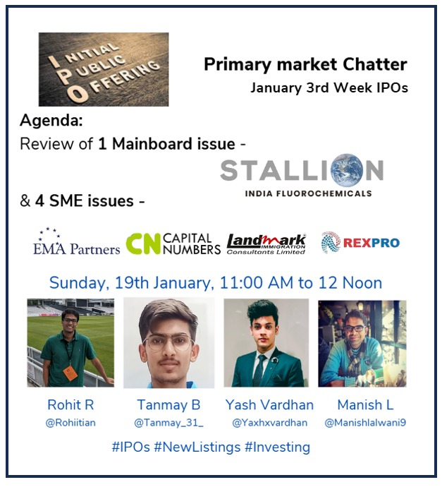 manishlalwani9's tweet photo. #PrimaryMarketChatter Jan 3rd Week IPOs with @rohiitian, @Tanmay_31_, @Yaxhxvardhan &amp; I tomorrow morning 11 AM.

We discuss 1 Mainboard - #StallionIndiaIPO &amp; 4 SME #EMAPartners, #CapitalNumbers, #LandmarkImmigration, #Rexpro.

Do join. Space link in 1st comment. https://t.co/5FhxgtD8qz