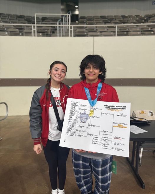 GoshenSchools's tweet photo. GHS JR Ivon Rescalvo placed 7th in her weight class at the IHSAA Girls Wrestling State Finals yesterday in Indianapolis! Great job, Ivon! #RedHawkStrong https://t.co/eDcTiKIh2V